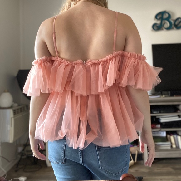 Off shoulder ruffle mesh blouse dusty rose - Picture 3 of 6